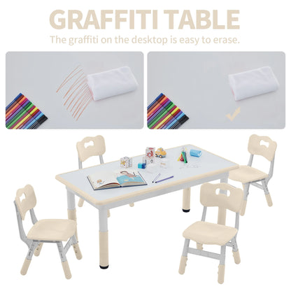 Toddler Table and Chairs Set for 4, 47.2''L x 23.6''W Kids Study Table and Chair Set, Height-Adjustable, Graffiti Desktop, Children Activity Table for Daycare, Classroom, Home