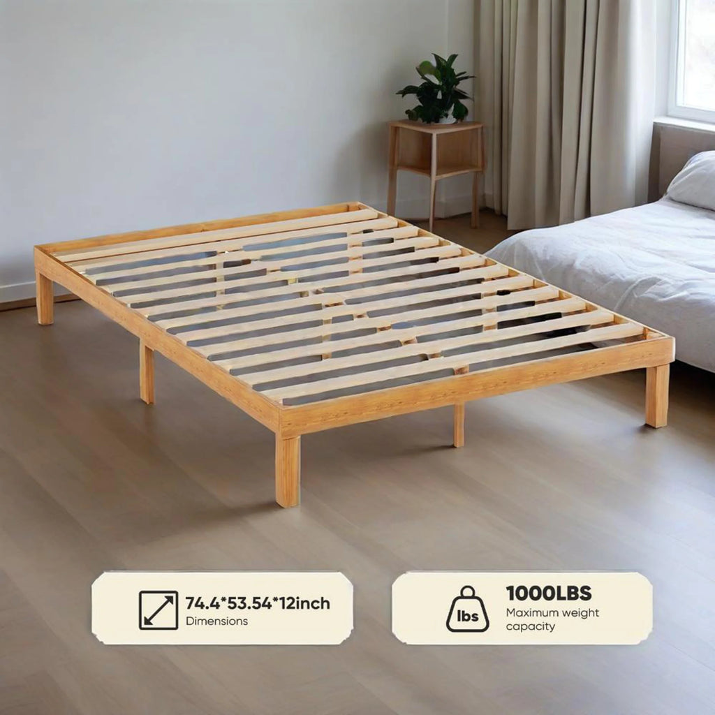 MCQ Full Size Wood Bed Frame, 12in Wooden Platform Bed Frame with Support Slats, No Spring Needed, Storage Space Under Base, Natural Pine