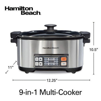 Hamilton Beach 9-in-1 Multi Cooker, 6 Qt Searing Slow Cooker, Nonstick Aluminum Crock with Removable Pot, Black