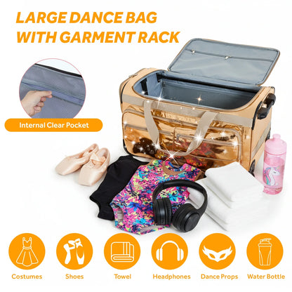 Fegat Dance Bag with Garment Rack,23"Glitter Bright Rolling Dance Duffel Bag Lightweight Competition Bag Costume Suitcase for Dancers Performer Artist, Shine Glitter Purple