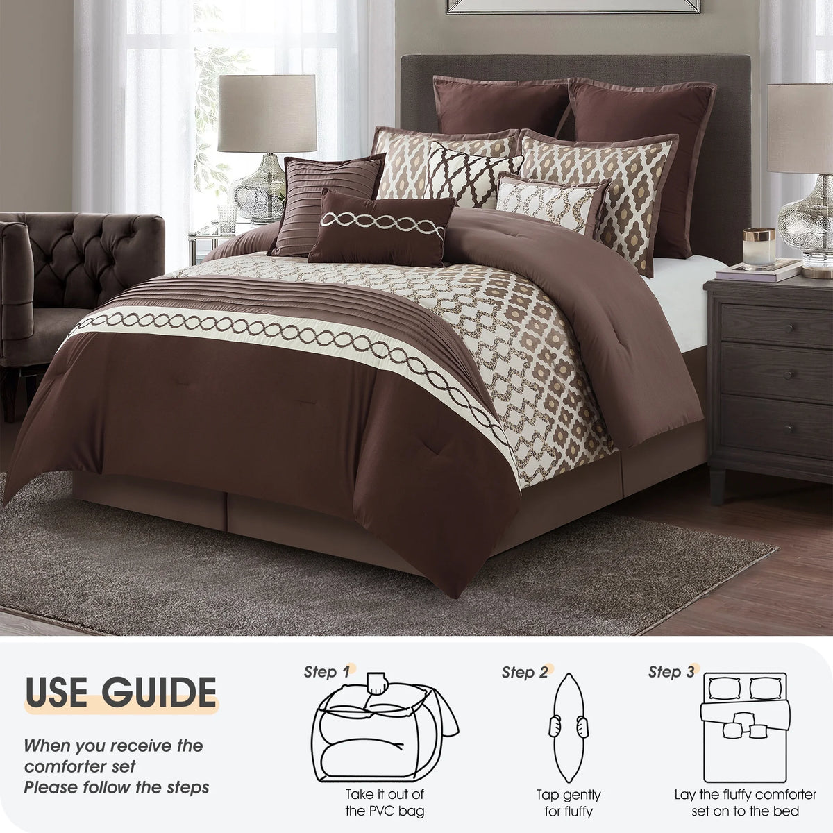LANCO MODERN LIFESTYLE King Size Comforter Set, Burgundy, 10 Piece Bed in a Bag for All Seasons, Luxury Extreme Comfort Bedding Sets with Bedskirt, Pillow Shams, Euro Shams and Decor Pillows
