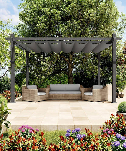 Outdoor Aluminum Pergola with Retractable Canopy, Reinforced 4-Sided Base, Waterproof & UV-Resistant Adjustable Roof, Modern Design for Patio, Deck, Backyard, and Garden
