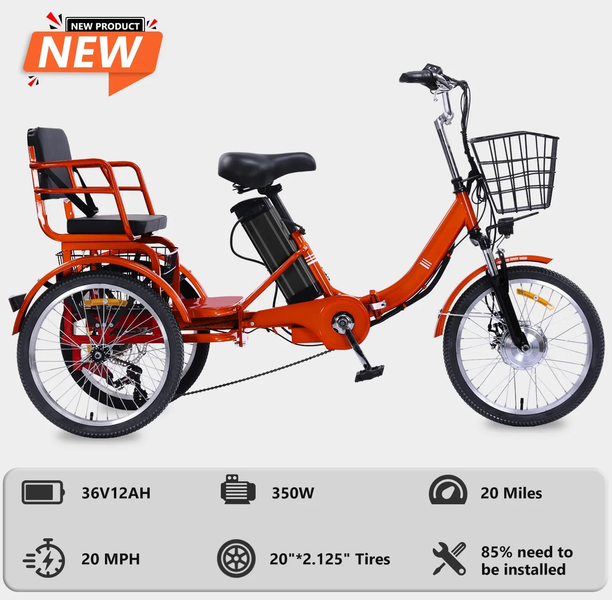 NOMIGO Electric Tricycle for Adults Folding Electric Trike 3 Wheel Electric Trike with Two-seater Large Basket Super Powerful Brushless 350W Motor 48V13AH Lithium Battery Max 20MPH E-Tricycle Orange