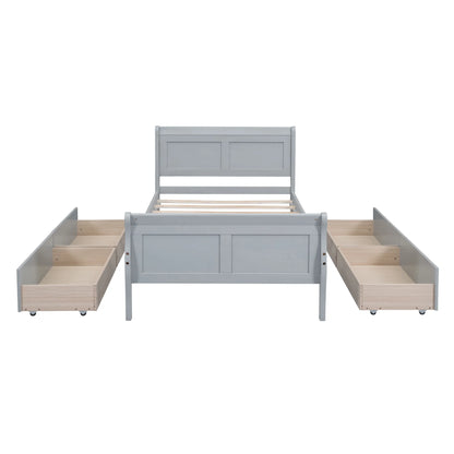 Full Size Wood Platform Bed with 4 Drawers,Storage Bed Frame with Streamlined Headboard and Footboard for Kids, Teens, Boys, Girls,Wooden Slats Support, No Box Spring Needed,Oak
