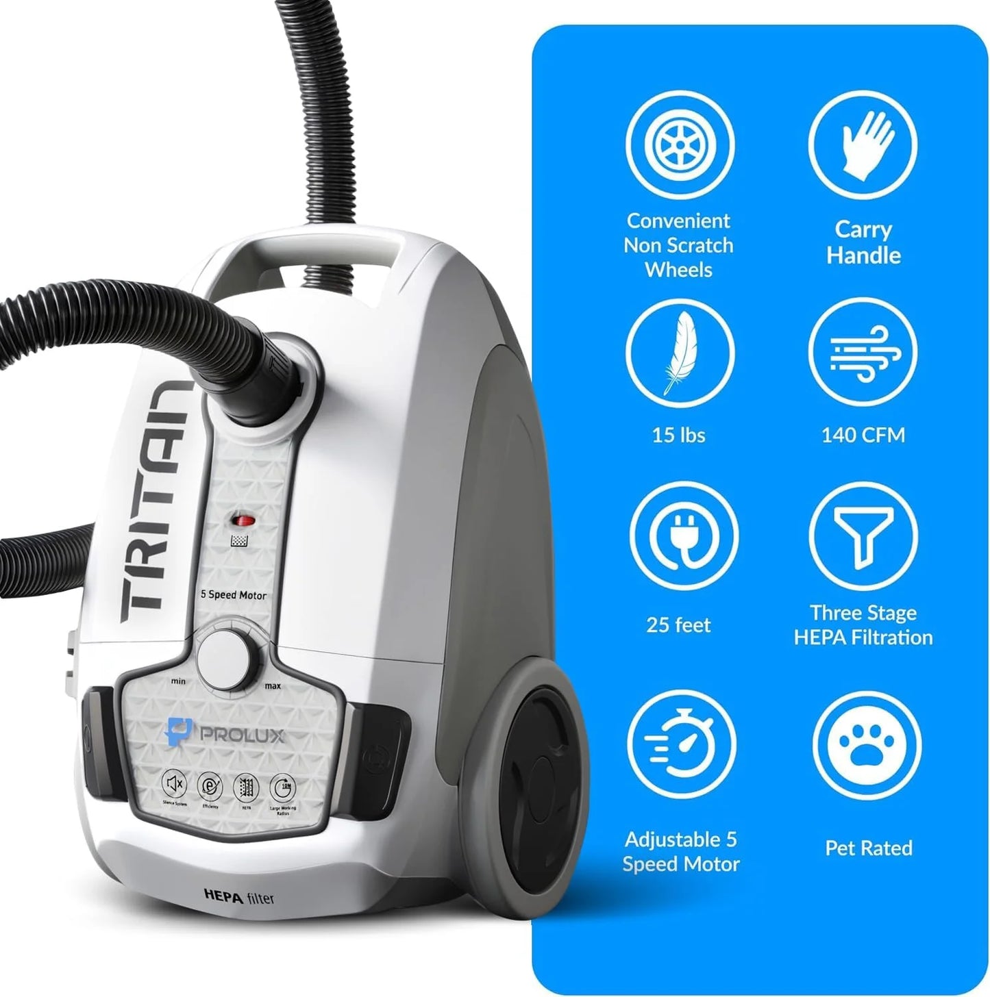 Prolux Tritan Canister Vacuum HEPA Sealed Hard Floor with Powerful 12 Amp Motor