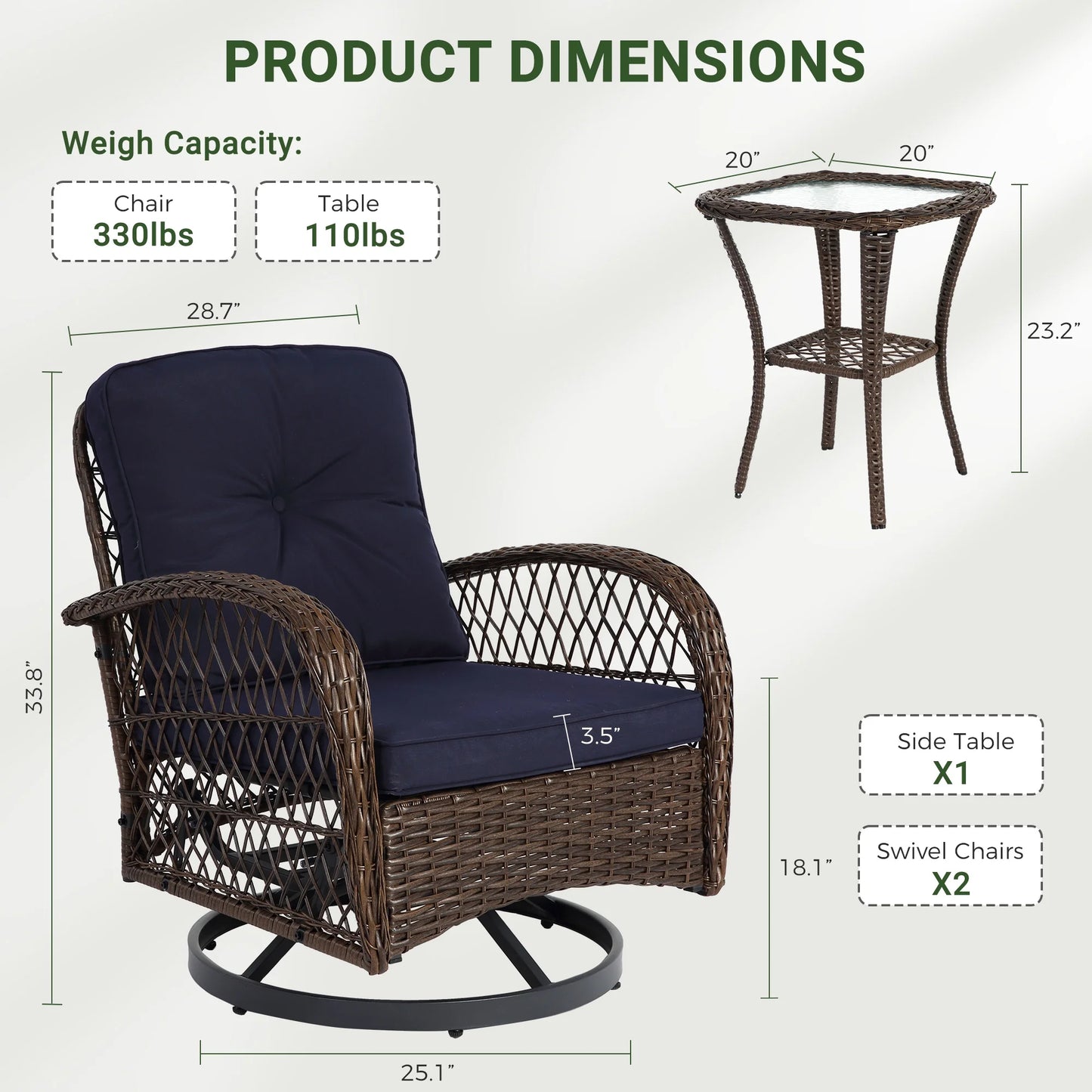 3 Piece Patio Swivel Rocker Chairs Set, 2 360-Degree Swivel Rocking Chairs with 1 Glass Top Table, PE Rattan Outdoor Bistro Set with Cushions for Balcony Deck Poolside Backyard Porch