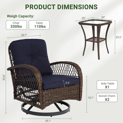 3 Piece Patio Swivel Rocker Chairs Set, 2 360-Degree Swivel Rocking Chairs with 1 Glass Top Table, PE Rattan Outdoor Bistro Set with Cushions for Balcony Deck Poolside Backyard Porch