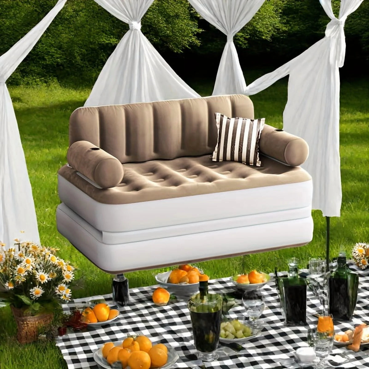 Inflatable Air Sofa Bed 2-in-1 Backrest Couch Airbed With Headboard And Pump Convertible Blow Up Bed Mattress For Home, Camping, And Guests, Living Room Furniture, Queen Size