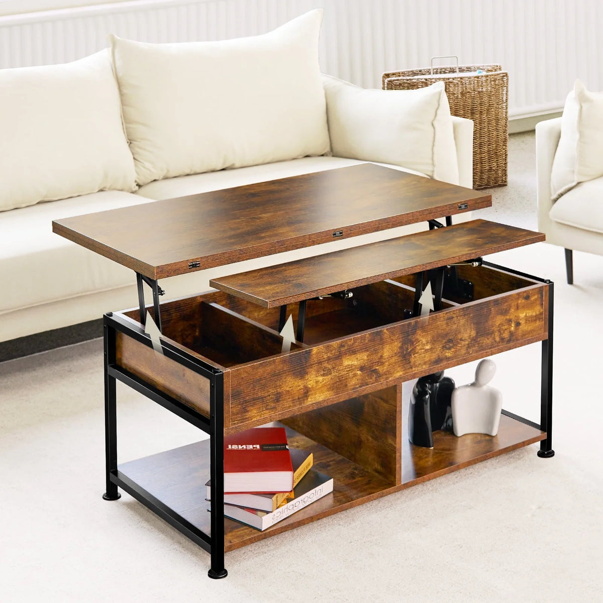 MONVANE 40" Lift Top Coffee Table with Storage for Living Room, Rustic Brown