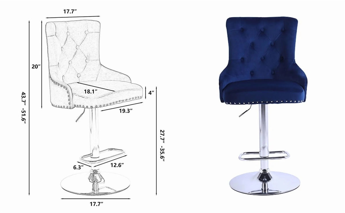 Alexent  2PCS Swivel Bar Stools, High Back, Button Tufted, Silver Footrest and Nailhead Trim Swivel Bar Chairs for Kitchen, Bar Velvet Upholstered Bar Stools, Dark Blue