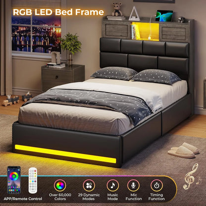 Twin Bed Frame with Bookcase Headboard and Storage, Barn Doors Twin Size Upholstered Beds with 4 Under Bed Storage Drawers & Charging Station & LED Lights, Grey