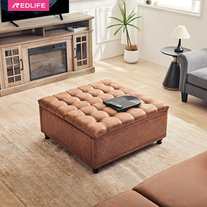 Redlife 35 Inch Large Square Storage Ottoman Bench, Storage Ottoman Coffee Table Large Square Ottoman with Storage Lift Top Tufted Storage Ottoman for Living Room (Brown Leathaire)
