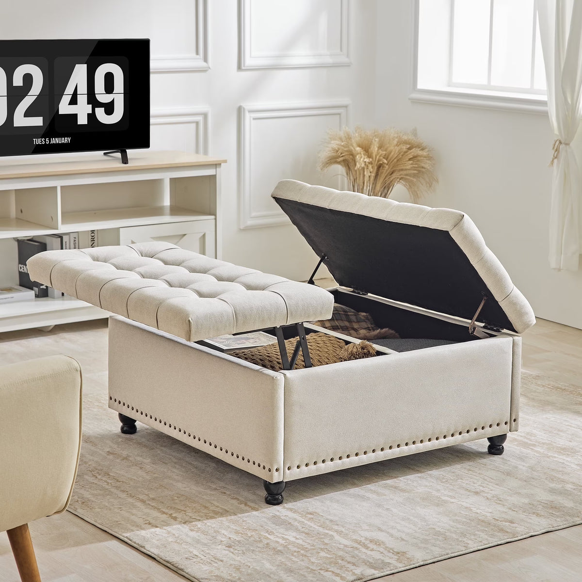 Redlife 35 Inch Large Square Storage Ottoman Bench, Storage Ottoman Coffee Table Large Square Ottoman with Storage Lift Top Tufted Storage Ottoman for Living Room (Brown Leathaire)