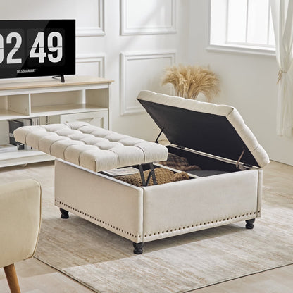 Redlife 35 Inch Large Square Storage Ottoman Bench, Storage Ottoman Coffee Table Large Square Ottoman with Storage Lift Top Tufted Storage Ottoman for Living Room (Brown Leathaire)