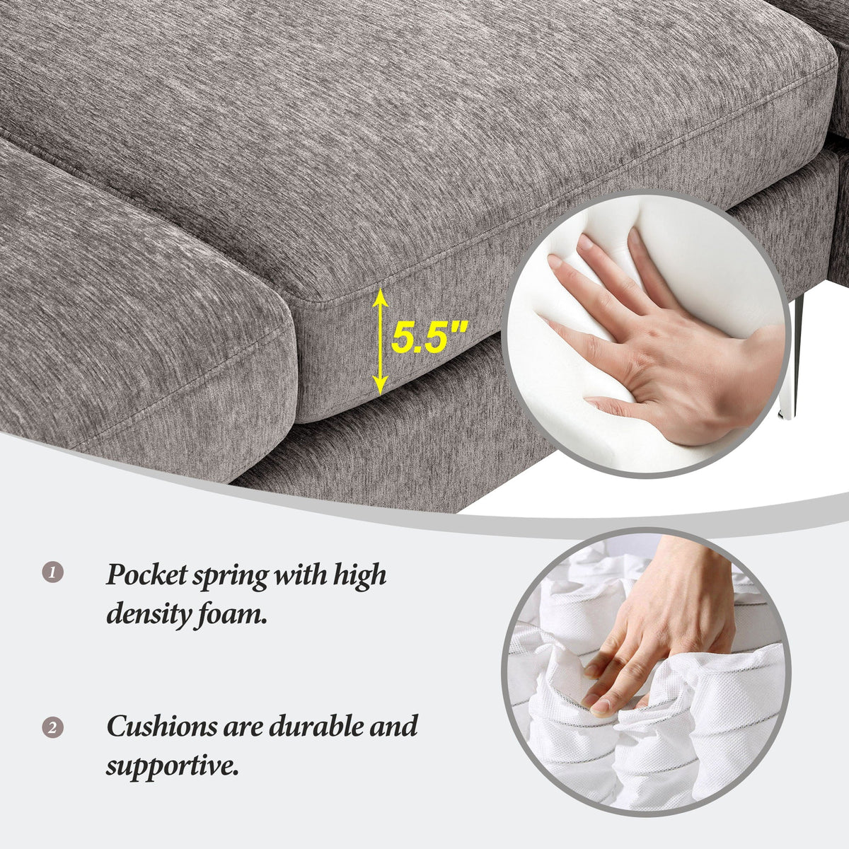 Churanty L Shaped Sofa for Small Spaces Convertible Sectional Sofa with Reversible Chaise Lounge,Grey