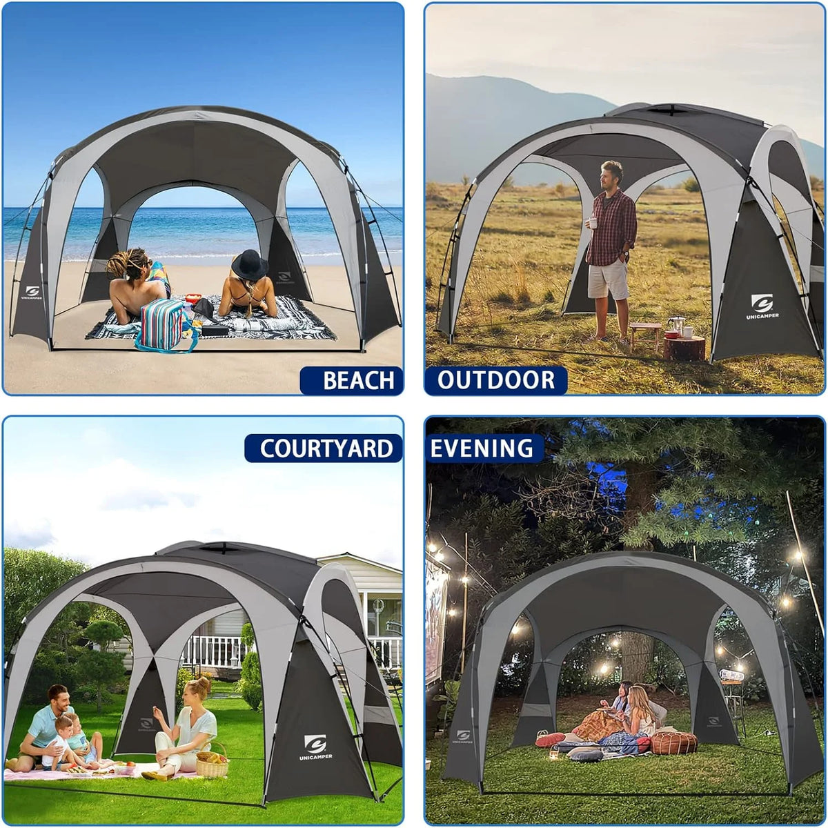 UNP Easy Beach Tent 12 X 12ft Pop Up Canopy UPF50+ Tent with Side Wall, Ground Pegs, and Stability Poles, Sun Shelter Rainproof, Waterproof for Camping Trips, Backyard Fun, Party Or Picnics (Gray)