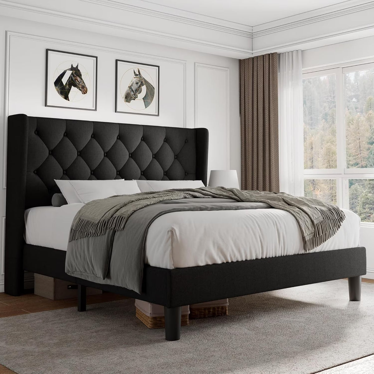 iPormis Full Size Bed Frame with Diamond Button Tufted Wingback Headboard, Upholstered Platform Bed Frame with Strong Wood Slat Support, No Box Spring Needed,Black
