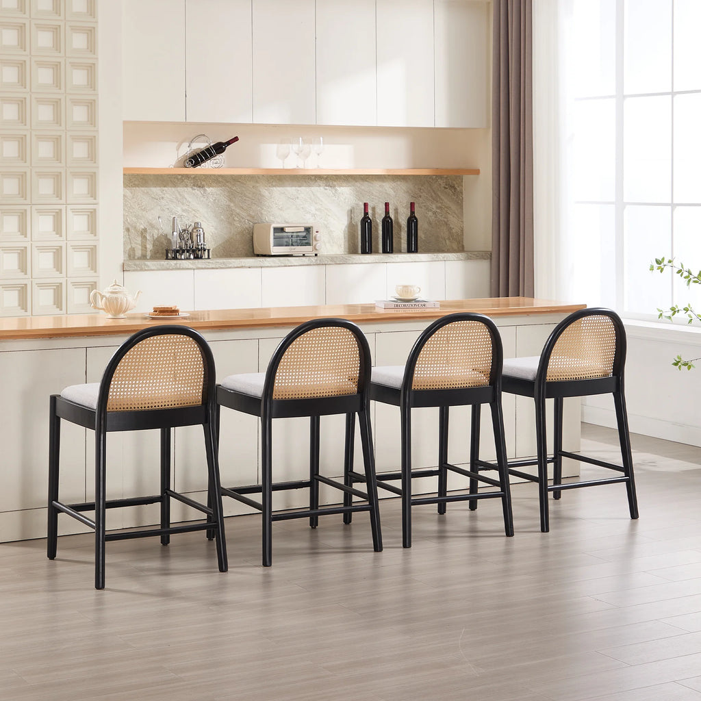 Guyou Modern Bar Stools Set of 2, 26" Counter Height Bar Stools with Natural Rattan Back and Solid Wood Frame, Sherpa Upholstered Kitchen Island Chairs for Bar Island Cafe Kitchen, Black