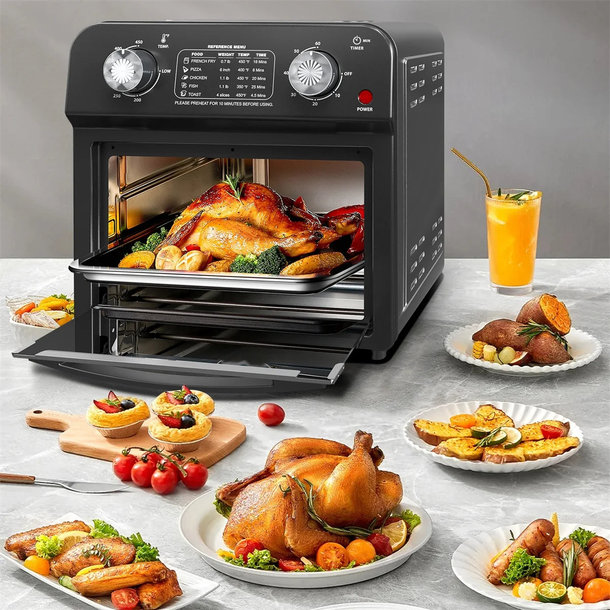 Plum Chef 13 Quart Air Fryer, Large Air Fryer Oven Toaster Combo w/ 60 Minute Timer , Convection Oven Countertop, Accessories, UL Certified, Nonstick, Accessories Included, 1500W, Sliver
