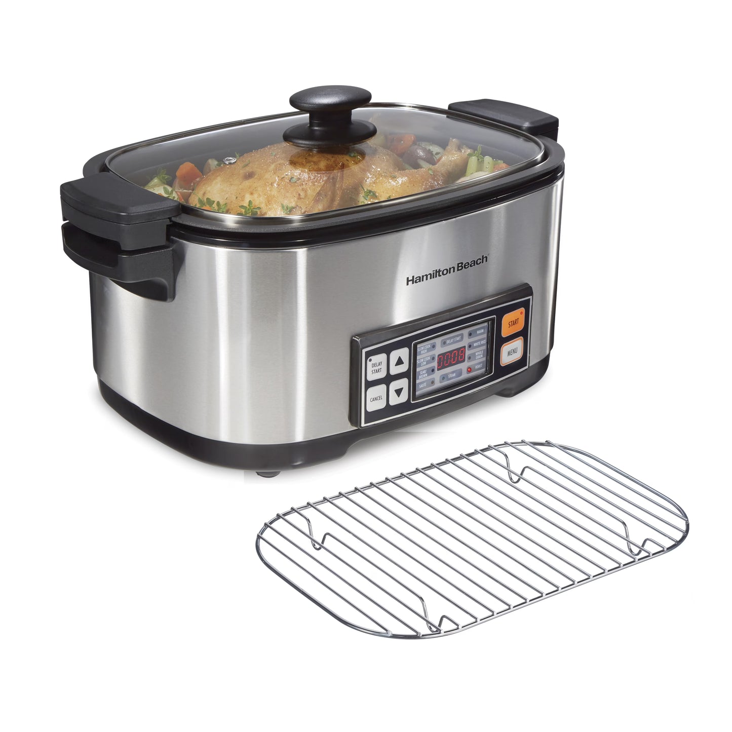 Hamilton Beach 9-in-1 Multi Cooker, 6 Qt Searing Slow Cooker, Nonstick Aluminum Crock with Removable Pot, Black