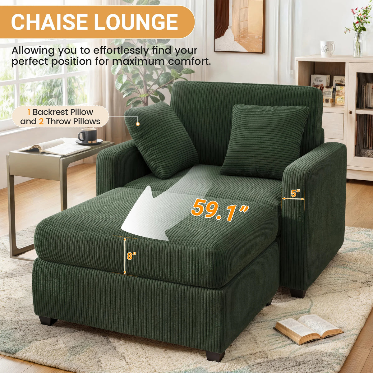 LUMIHO Chaise Lounge Chair Indoor, 42" Sleeper Chair with Two Throw Pillows and Armrests, Corduroy Chaise Couch Chair with Ottoman for Living Room, Bedroom, Apartment, Green