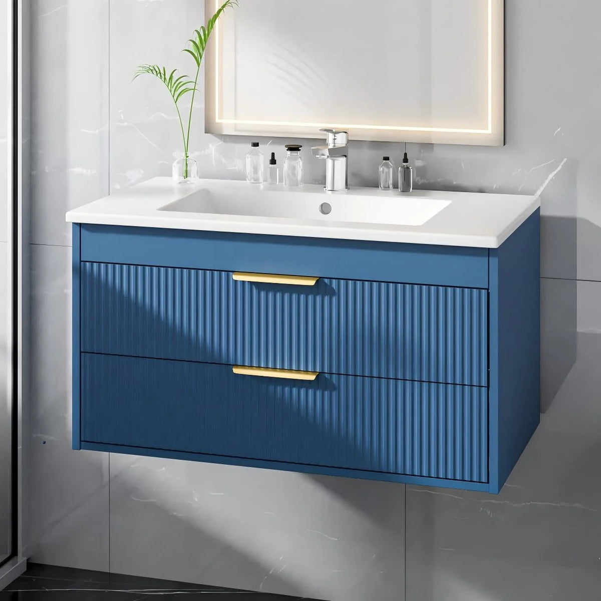 Advwin 30" Wall Mounted Bathroom Vanity with Ceramic Sink, Modern Floating Bathroom Storage Cabinet with Sensor Light & 2 Extra Large Drawers, White
