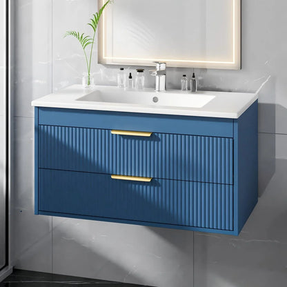 Advwin 30" Wall Mounted Bathroom Vanity with Ceramic Sink, Modern Floating Bathroom Storage Cabinet with Sensor Light & 2 Extra Large Drawers, White