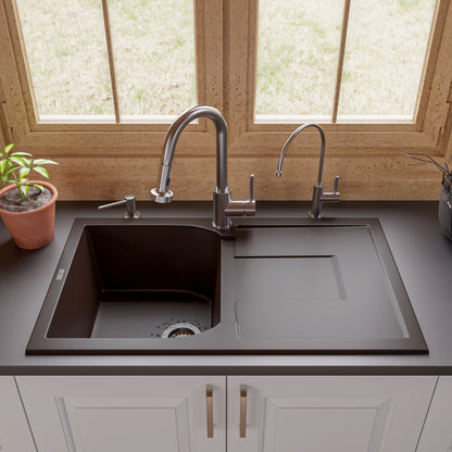 ALFI brand AB1620DI-BLA Black 34" Single Bowl Granite Composite Kitchen Sink with Drainboard