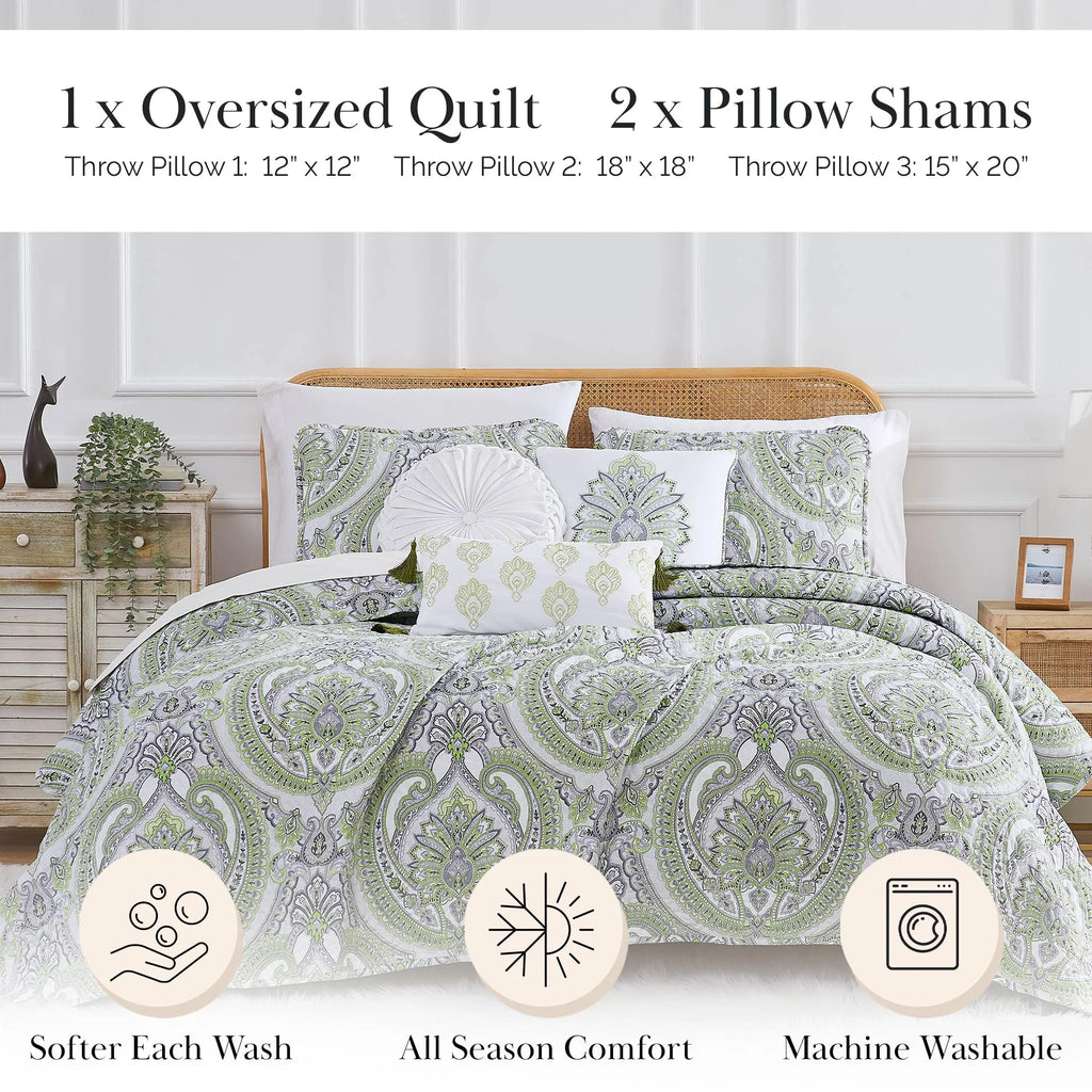 Southshore Fine LinensOversized 5-Piece Twin / Twin XL Quilt Bedding Set with two matching shams and three decorative throw pillows, oversized Paisley farmhouse bedspread Pure Melody Aqua