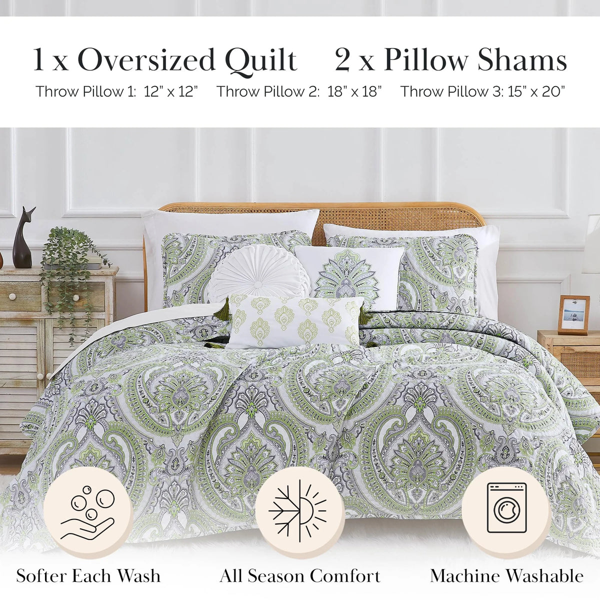 Southshore Fine LinensOversized 5-Piece Twin / Twin XL Quilt Bedding Set with two matching shams and three decorative throw pillows, oversized Paisley farmhouse bedspread Pure Melody Aqua