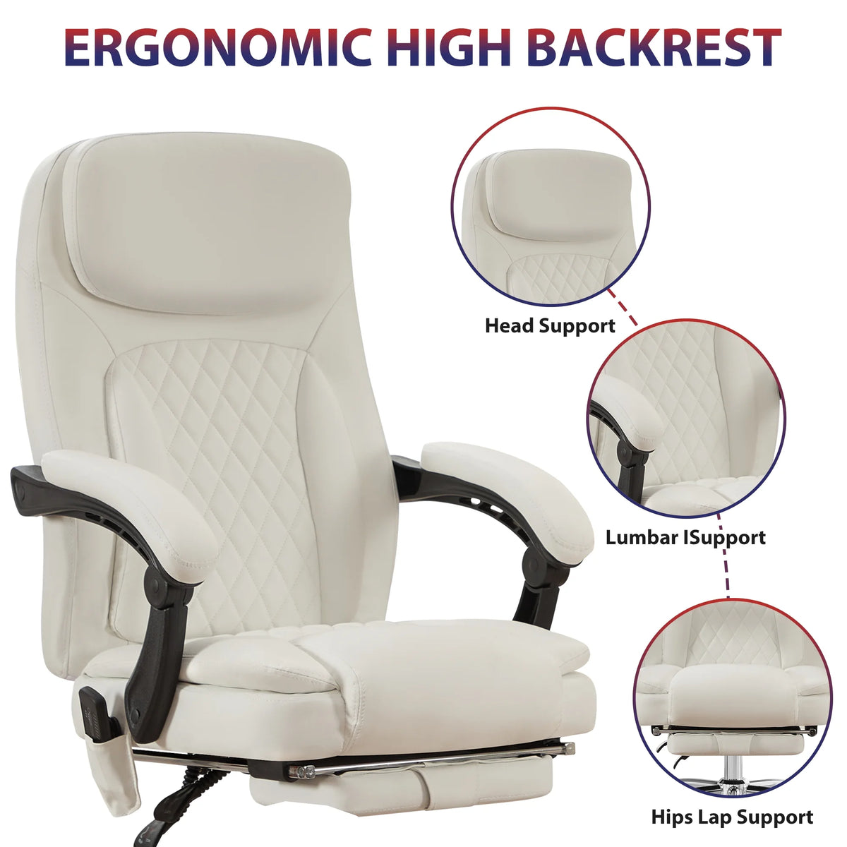 JONPONY Big and Tall Office Chair 500LBS Executive Office Chair Massage and Footrest Ergonomic Computer Desk Chair Reclining High Back Leather Office Chair Lumbar Back Support Swivel Rolling,Black