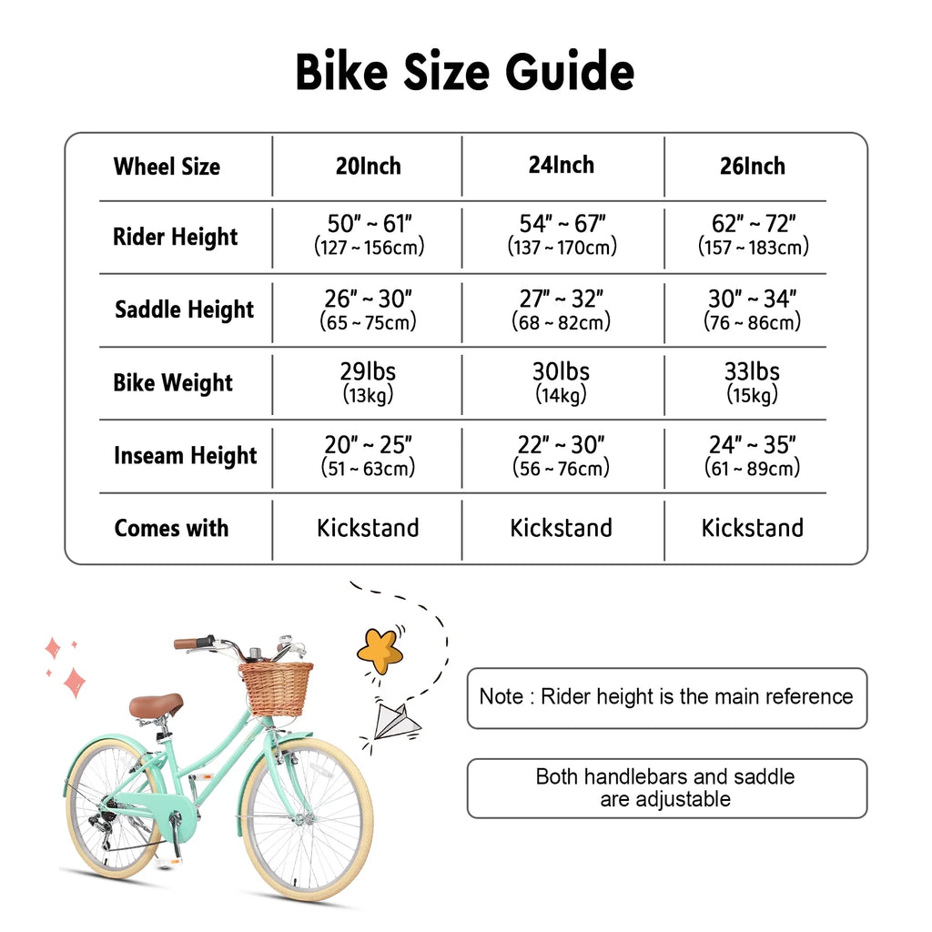 Glerc Missy 24" Girls Cruiser Bike 6-Speed Women's Hybird Bicycle for Ages 7-11 Years, Mint Green