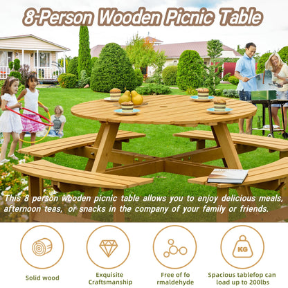 8 Person Wood Picnic Table, Outdoor Round Picnic Table with 4 Built-in Benches, Umbrella Hole, Outside Table and Bench Set for Patio, Backyard, 500lbs Capacity Per Bench