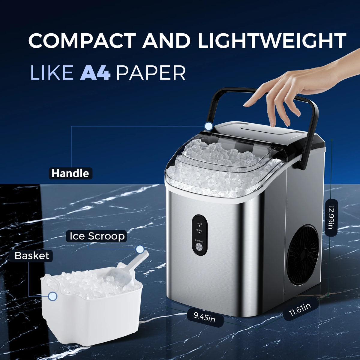 Simzlife Nugget Ice Maker Countertop, 34.9lbs per Day Chewable Pebble Nugget Ice Machine with Touch Screen for Home, Kitchen, Office, Stainless Steel, Black