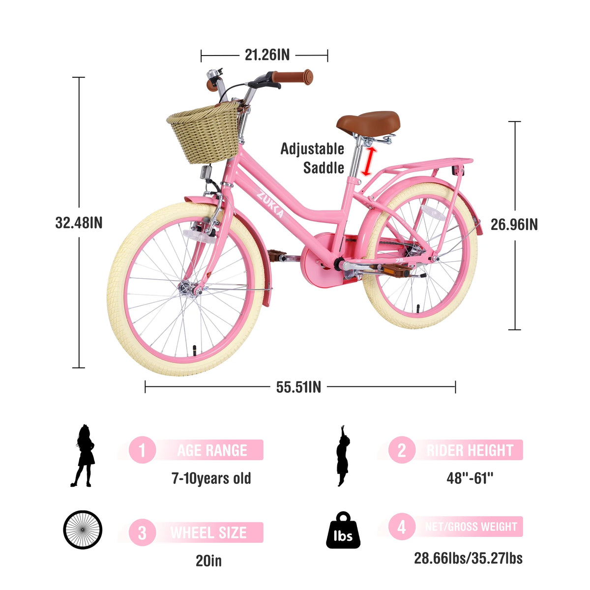 20" Kids Bike Girls Bike with Basket Single Speed Steel Frame Children Bicycle for 7-10 Years, Pink