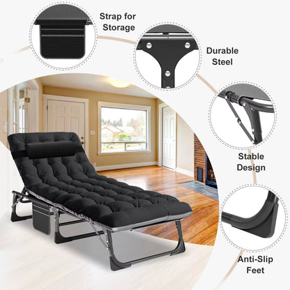 MOPHOTO Lounge Chair with Mattress, Outdoor Chaise Lounge Support 440 Lbs, Adjustable Portable Heavy Duty Sleeping Cots Bed for Camping, Pool, Beach, Patio