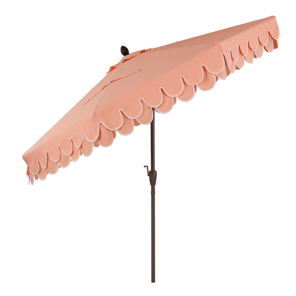 JONATHAN Y Tracy 9 ft. Market Patio Umbrella, Classic Mid-Century Scalloped Fringe, with Auto-Tilt Crank, Wind Vent and UV Protection, Coral Pink/White, Dark Brown Pole