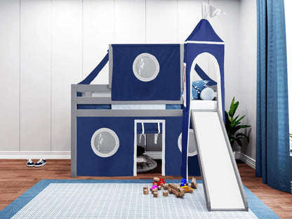 JACKPOT! Castle Low Loft Bed with Slide, Red Yellow and Blue Tent and Tower, Twin, Cherry