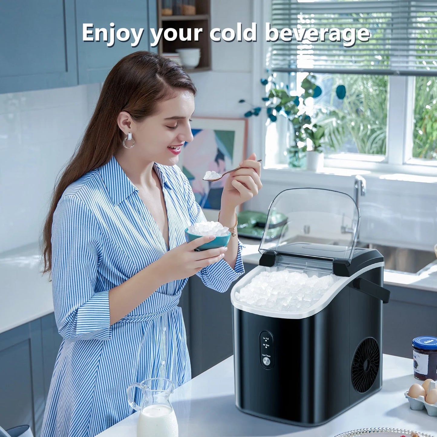 Auseo SS Nugget Countertop Ice Maker with Soft Chewable Ice, 35Lbs/24H, Self-Cleaning, Ice Scoop, Stainless Steel Silver, for Kitchen/Office/Party