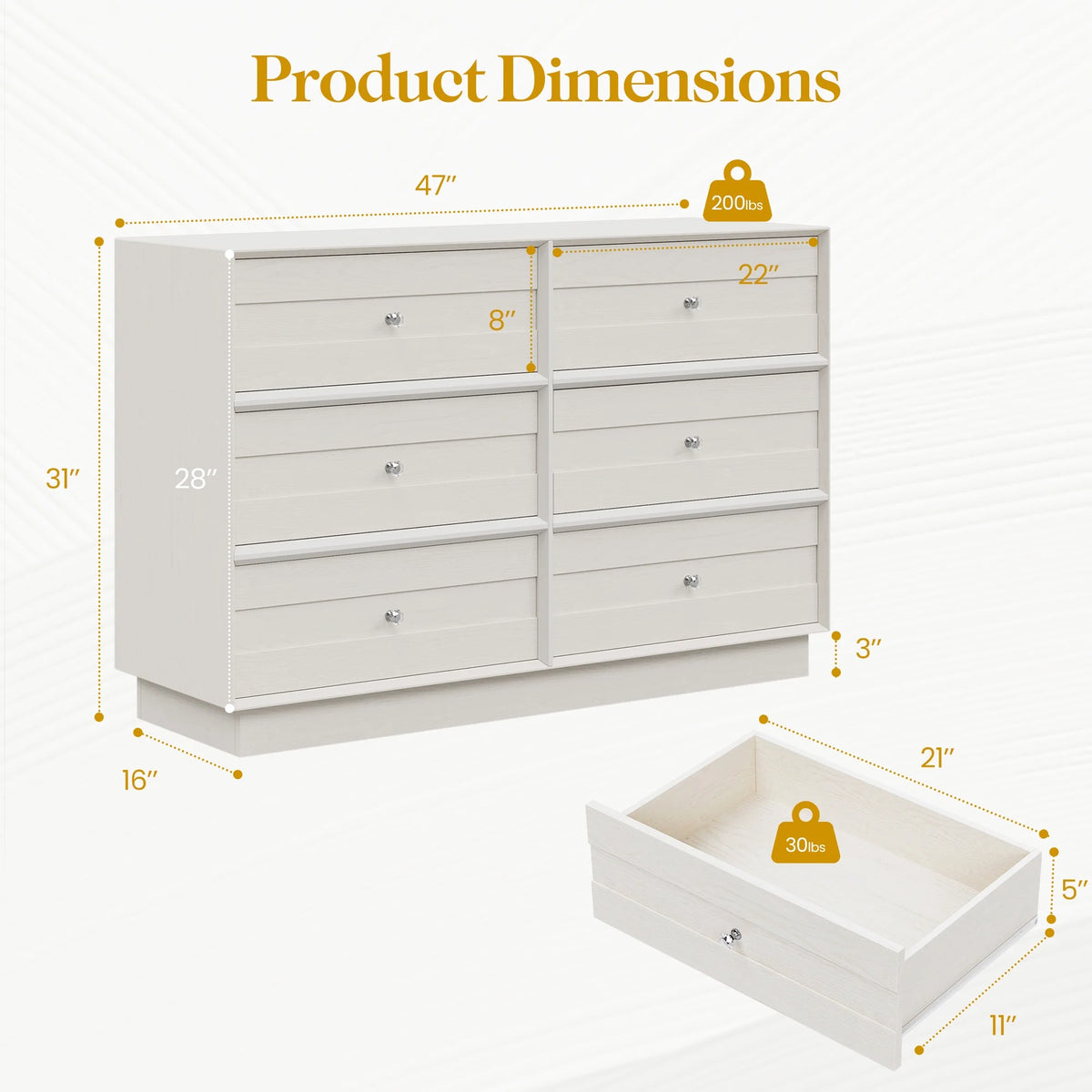 May Color Large White 3 Drawer Dresser Set of 2 with Fluted Panel, Modern Chest of Drawers with Silent Slide Drawers, Wood Accent Nightstand with Storage for Bedroom Living Room, Hallway