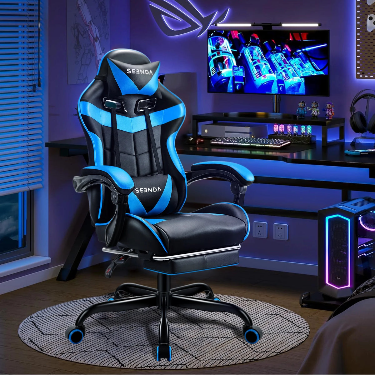 Gaming Chair, Seenda Video Game Chair with Footrest and Lumbar Support, Ergonomic Computer Chair Height Adjustable with Swivel Seat and Headrest, Red