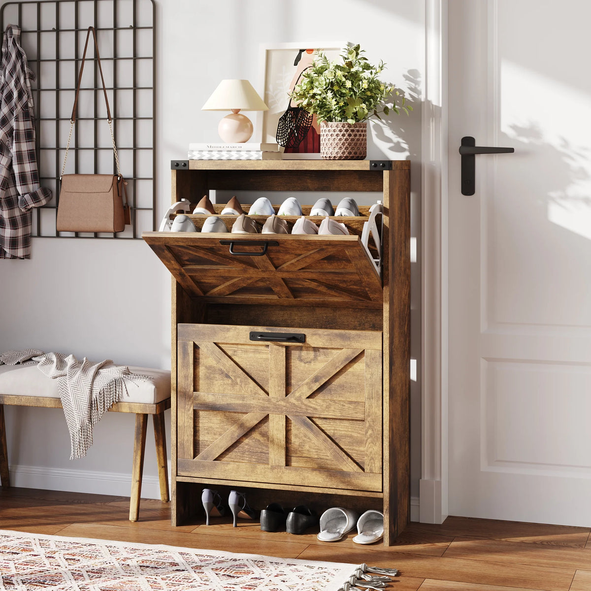 VEANERWOOD Shoes Storage Cabinet With Doors, Farmhouse Shoe Cabinet With 2 Flip Drawers For Entryway,Gray