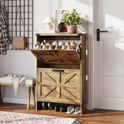 VEANERWOOD Shoes Storage Cabinet With Doors, Farmhouse Shoe Cabinet With 2 Flip Drawers For Entryway,Gray