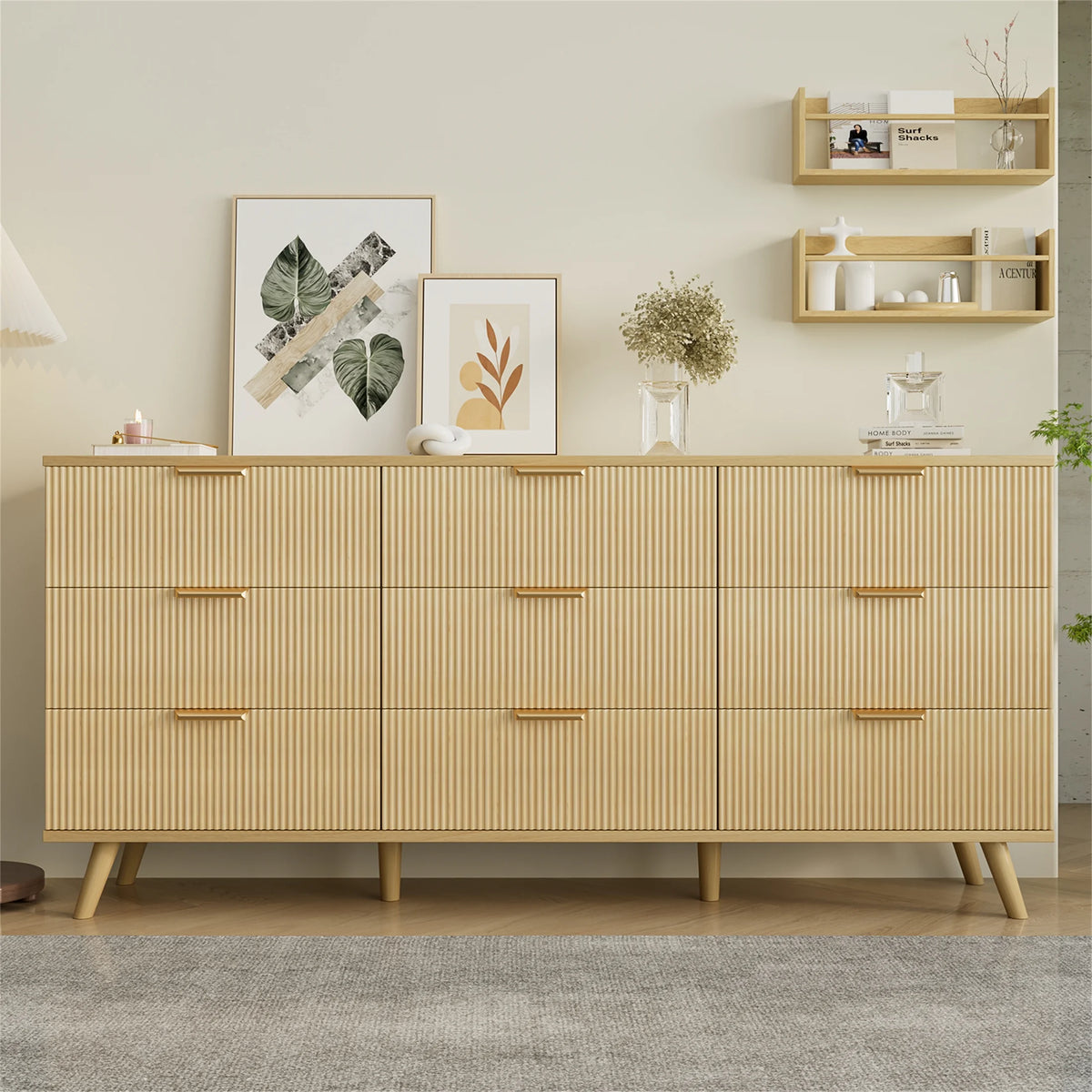 Yeahumalia Boho Fluted 9 Drawers Dresser, Wooden Chests of Drawers for Bedroom, Living Room, Entryway, Nature Wood Color