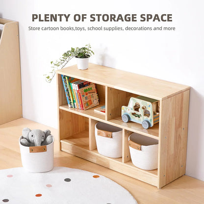 Rubber Wood 5-Compartment Montessori Shelf, 35.4" L Toddler Bookshelf, 2-Tier Wooden Storage Cabinet, Kids Classroom Organizer, Playroom, Daycare and Preschool Storage Shelves