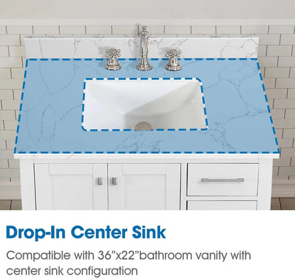 36x22 Engineered Stone Vanity Sink Top, White Bathroom Countertop with Undermount Left Sink, Vanity Top with 8 inch 3 Faucet Hole Spacing and Backsplash
