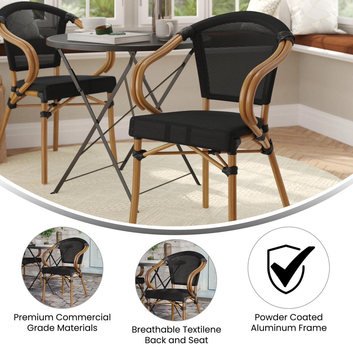 Flash Furniture Marseille Indoor/Outdoor French Bistro Stacking Chair with Arms Black/Natural