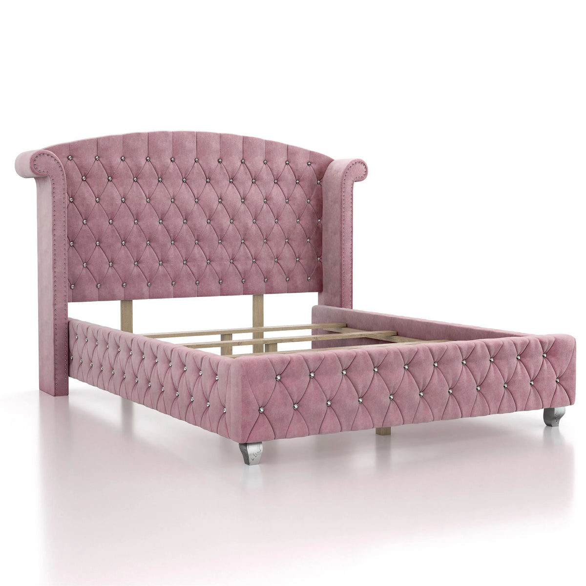 FOA Cyndi 3pc Pink Fabric Bedroom Set- Full + 2 Nightstands and Care Kit