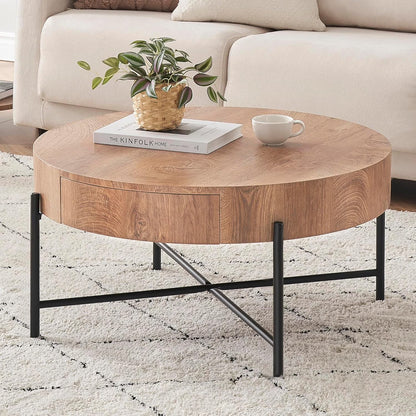 Round Coffee Table with Drawers Circle Living Room Table Wood Accent Coffee Table with Storage White Center Table (Natural)