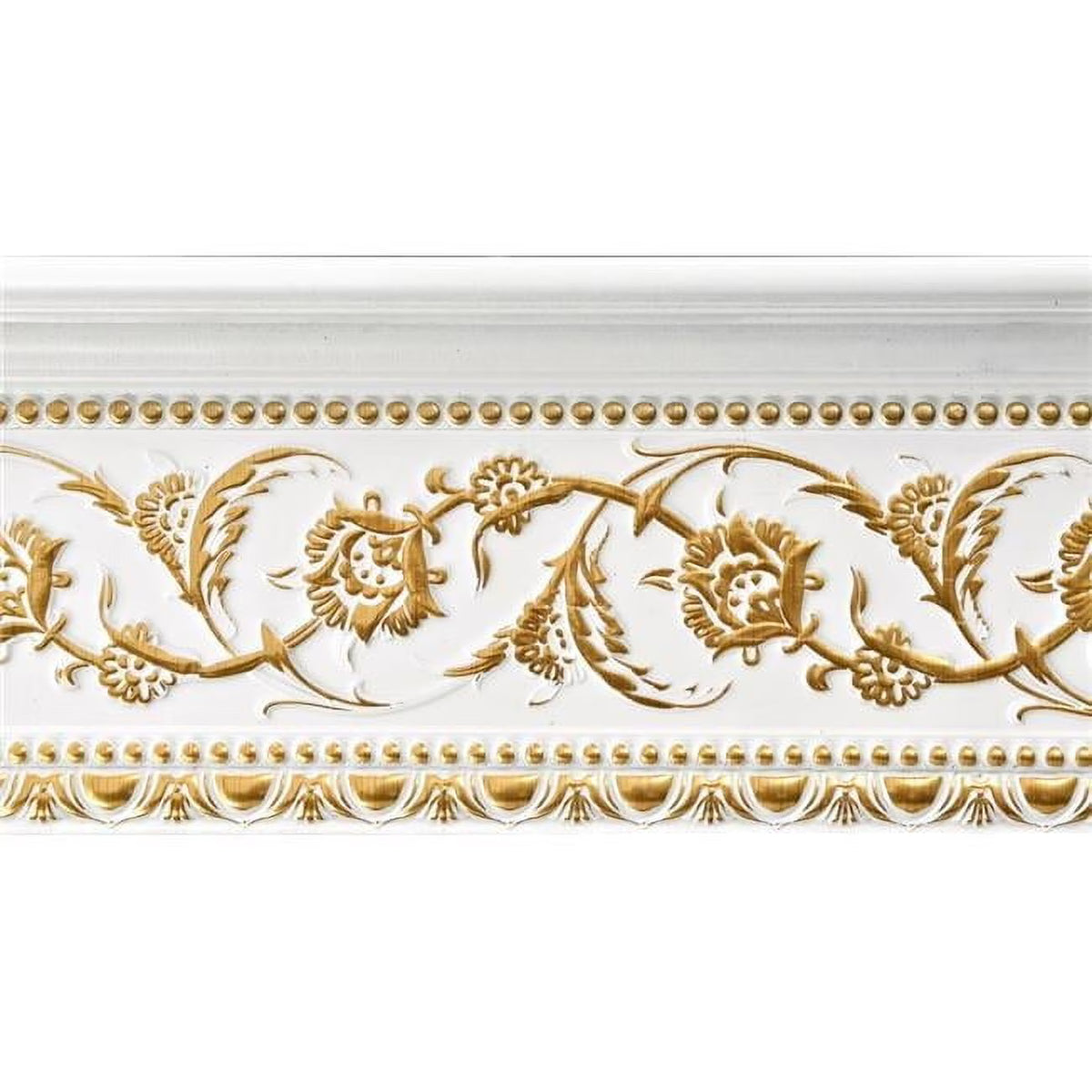 94 in. Gold Floral on French White Crown Molding, White & Gold